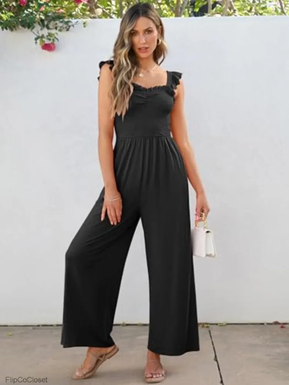 Sleeveless Smocked Wide Leg Jumpsuit with Pockets Summer Romper